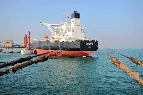 Kuwaiti oil tanker unloading crude oil at a port in China.