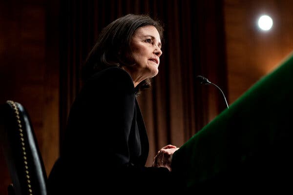 Judy Shelton, one of two nominees for the Federal Reserve Board of Governors, at her Senate Banking Committee confirmation hearing in February. A vote is set for Tuesday.
