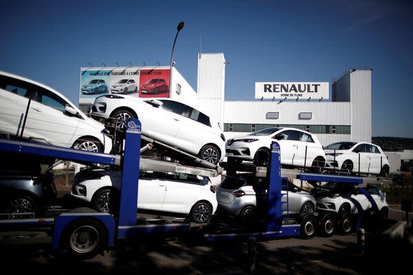 Cars leaving a Renault factory in Aubergenville, west of Paris, in May.